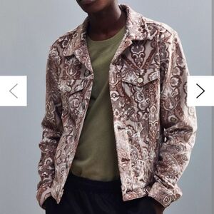 Urban Outfitters BDG Tapestry Trucker Jacket Button Front Brown Cream Size Small